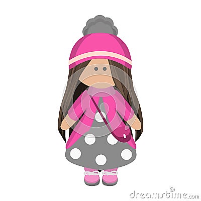 Cute girl doll with long brunette hair in a knitted pink hat and a handbag in gray polka dot dress Vector Illustration